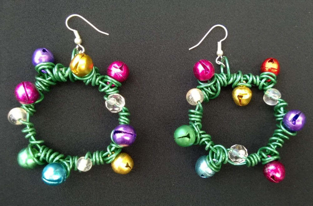 Handmade Aluminum Wire Christmas Tree Earrings With Jingle Bells